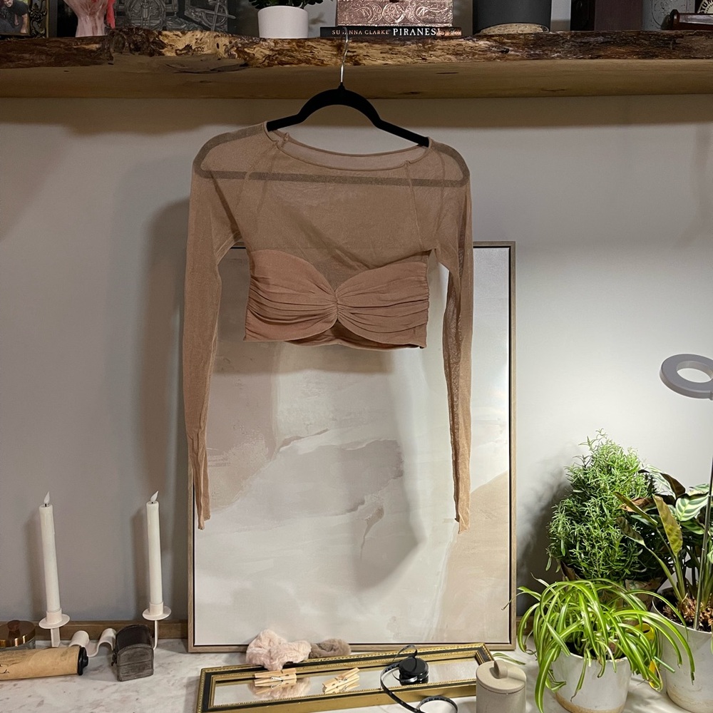 Unbranded Mesh Tan Long Sleeve Crop Top